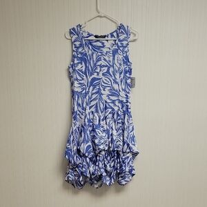 Tango Mango, women's Blue and White Sleeveless Dress With Bustles Sz Small NWT